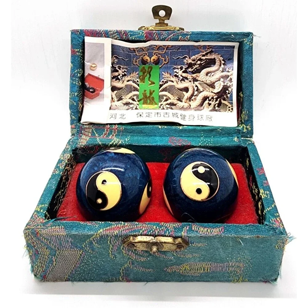 Vintage Hebei Baoding Blue Iron Balls Stress Relief Set Yin Yang Case Green